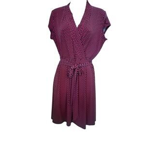 Liz Claiborne Red and Black Pokadot Faux Wrap Dress with Attached Sash. M